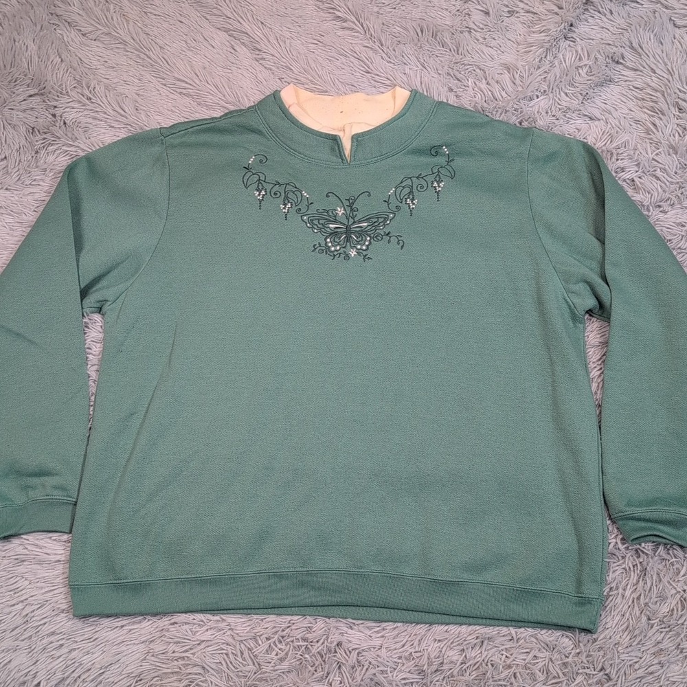 Vintage Blair Sweater Womens XL Green Butterfly Embroidery‎ Grandma Comfort